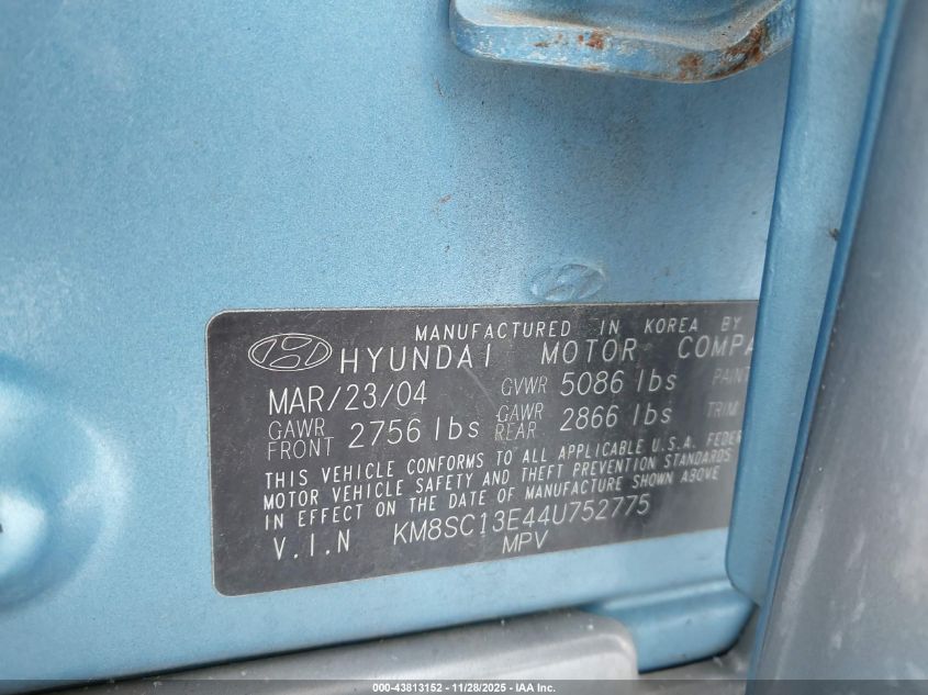 2004 Hyundai Santa Fe Gls/Lx VIN: KM8SC13E44U752775 Lot: 43813152
