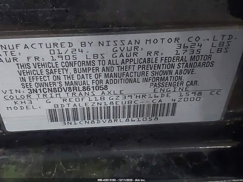 2024 Nissan Versa 1.6 S VIN: 3N1CN8DV8RL861058 Lot: 43813160