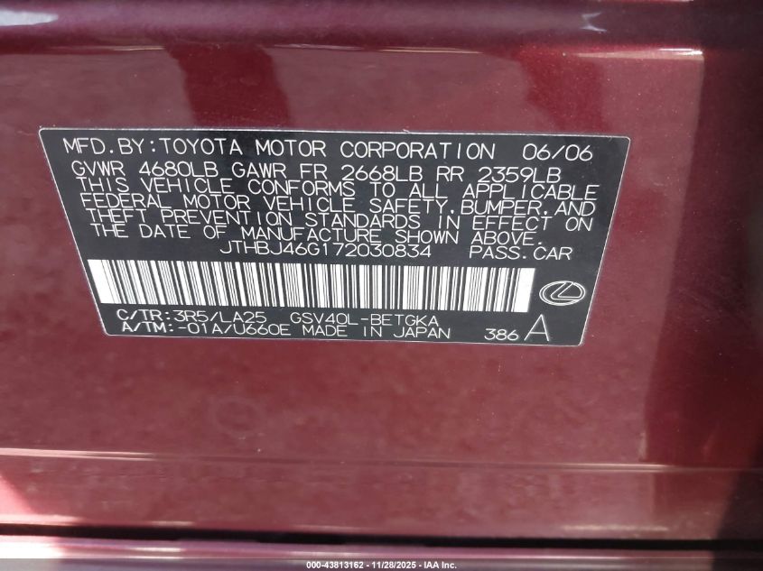 2007 Lexus Es 350 VIN: JTHBJ46G172030834 Lot: 43813162