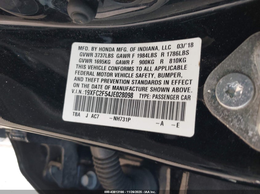 2018 Honda Civic Lx VIN: 19XFC2F54JE028098 Lot: 43813166