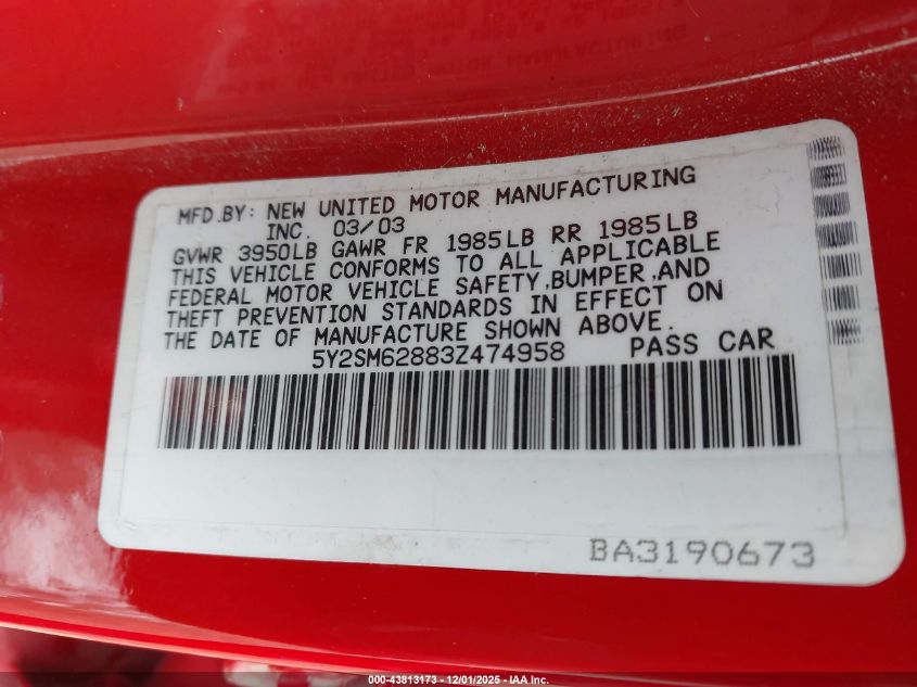 2003 Pontiac Vibe VIN: 5Y2SM62883Z474958 Lot: 43813173