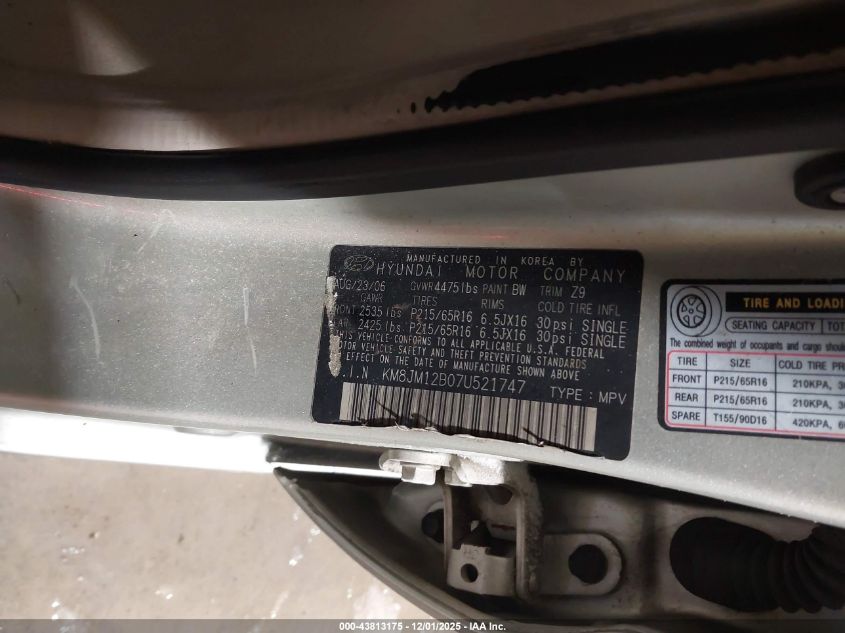 2007 Hyundai Tucson Gls VIN: KM8JM12B07U521747 Lot: 43813175