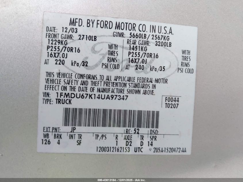 2004 Ford Explorer Sport Trac Adrenalin/Xls/Xlt VIN: 1FMDU67K14UA97347 Lot: 43813184