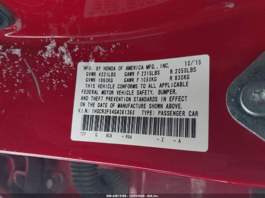 2016 Honda Accord Sport VIN: 1HGCR2F54GA061360 Lot: 43813185