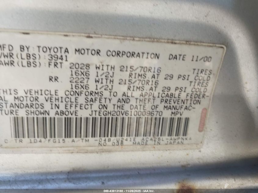 2001 Toyota Rav4 VIN: JTEGH20V610009670 Lot: 43813188