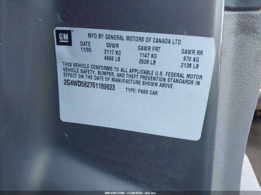 2006 Buick Lacrosse Cxl VIN: 2G4WD582761189823 Lot: 43813195