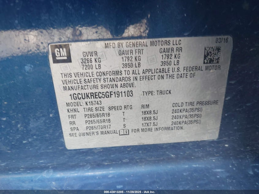 2016 Chevrolet Silverado 1500 1Lt VIN: 1GCUKREC5GF191103 Lot: 43813205