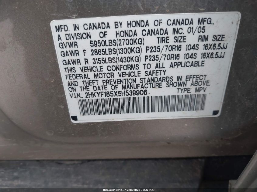 2005 Honda Pilot Ex-L VIN: 2HKYF185X5H539906 Lot: 43813215