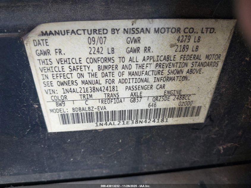 2008 Nissan Altima 2.5 S VIN: 1N4AL21E38N424181 Lot: 43813232