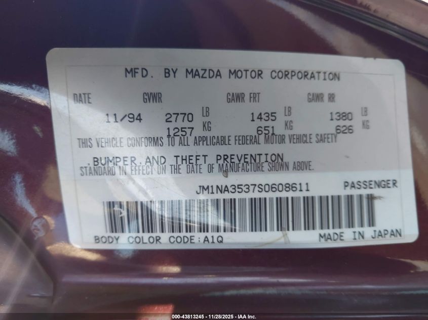 1995 Mazda Mx-5 Miata VIN: JM1NA3537S0608611 Lot: 43813245