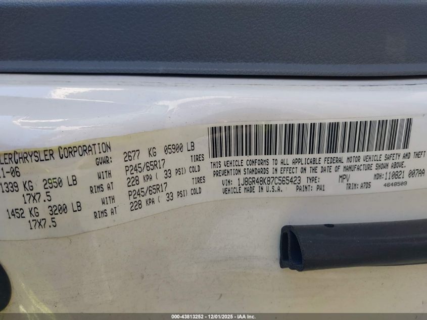 2007 Jeep Grand Cherokee Laredo VIN: 1J8GR48K87C565423 Lot: 43813252
