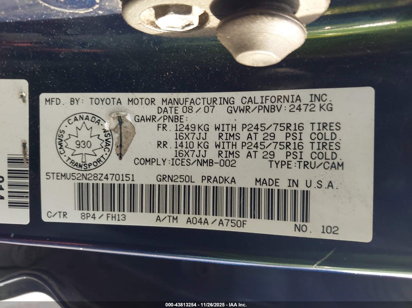 2008 Toyota Tacoma V6 VIN: 5TEMU52N28Z470151 Lot: 43813254