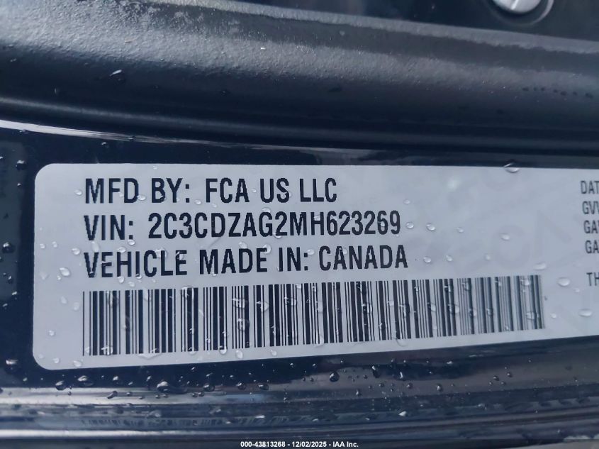 2021 Dodge Challenger Sxt VIN: 2C3CDZAG2MH623269 Lot: 43813268