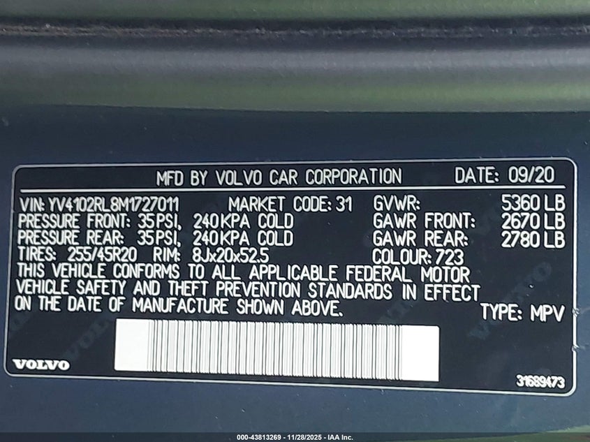 2021 Volvo Xc60 T5 Inscription VIN: YV4102RL8M1727011 Lot: 43813269