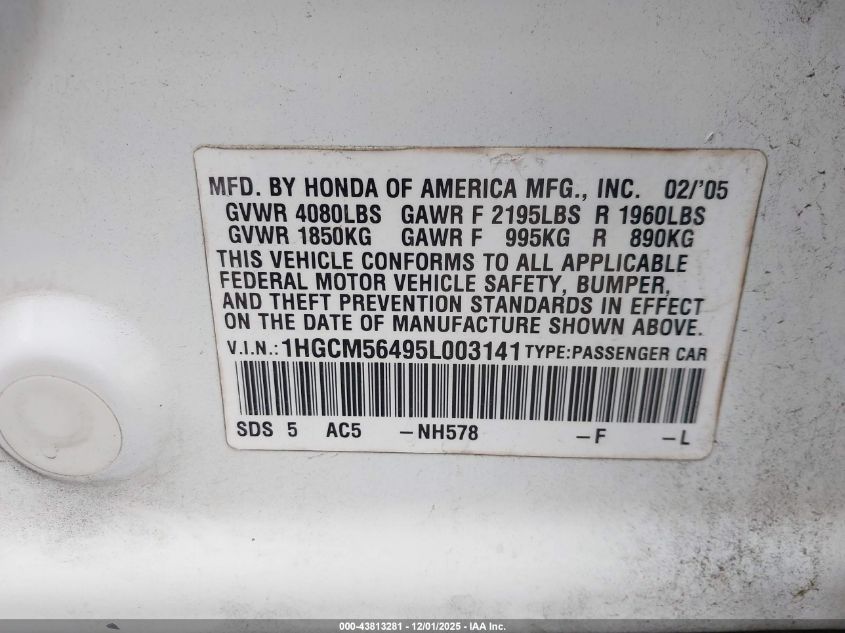2005 Honda Accord 2.4 Lx VIN: 1HGCM56495L003141 Lot: 43813281