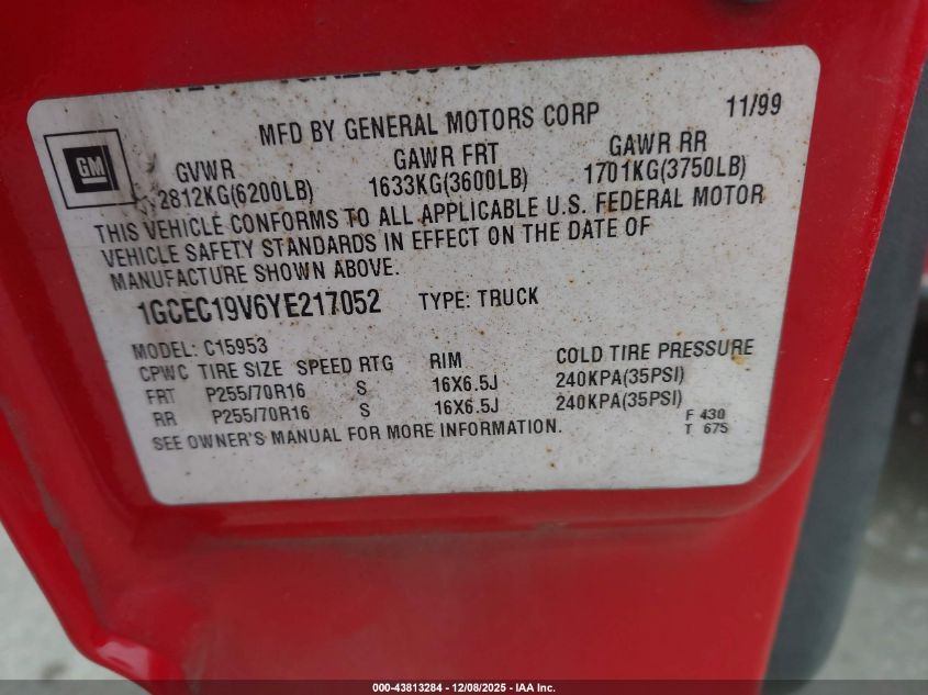 2000 Chevrolet Silverado 1500 VIN: 1GCEC19V6YE217052 Lot: 43813284
