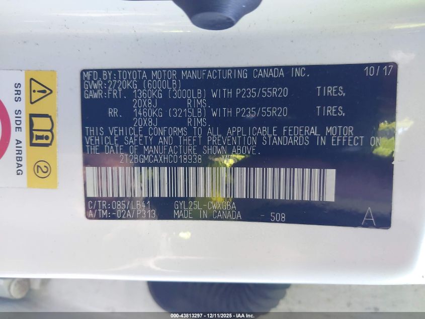 2017 Lexus Rx 450H VIN: 2T2BGMCAXHC018938 Lot: 43813297