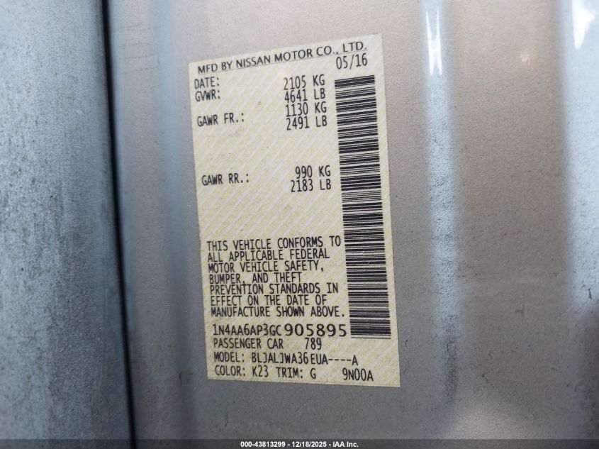 2016 Nissan Maxima 3.5 Sv VIN: 1N4AA6AP3GC905895 Lot: 43813299