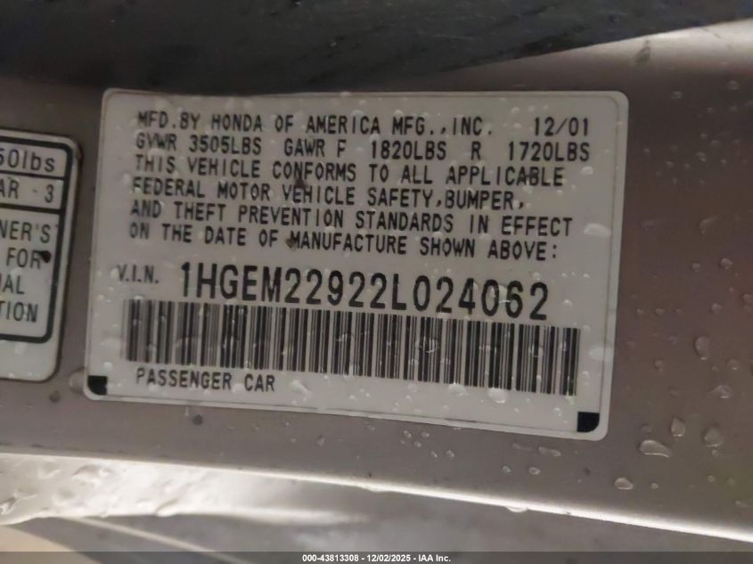 2002 Honda Civic Ex VIN: 1HGEM22922L024062 Lot: 43813308
