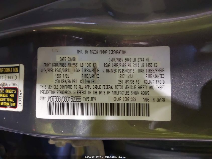 2008 Mazda Cx-9 Touring VIN: JM3TB38V080152355 Lot: 43813325