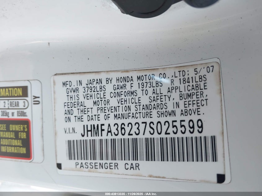 2007 Honda Civic Hybrid VIN: JHMFA36237S025599 Lot: 43813335
