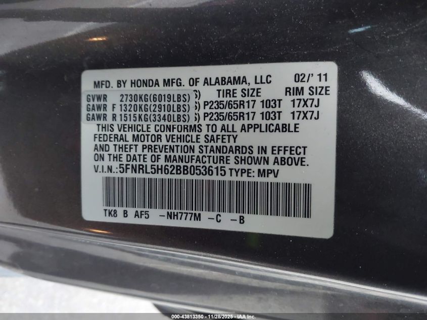 2011 Honda Odyssey Ex-L VIN: 5FNRL5H62BB053615 Lot: 43813350
