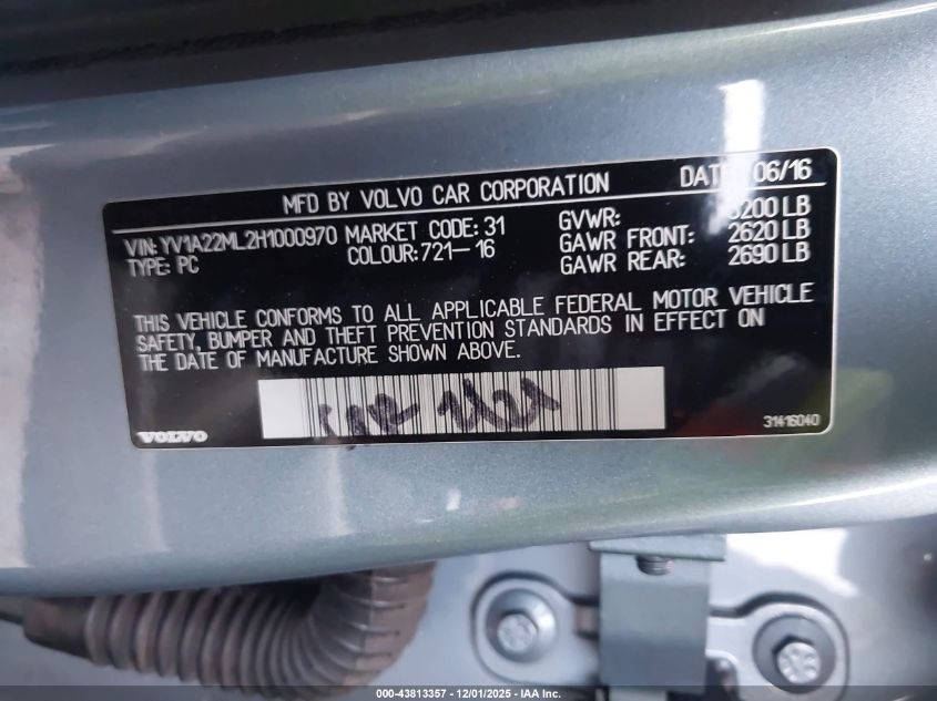 2017 Volvo S90 T6 Inscription VIN: YV1A22ML2H1000970 Lot: 43813357