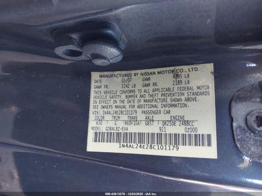 2008 Nissan Altima 2.5 S VIN: 1N4AL24E28C101179 Lot: 43813376