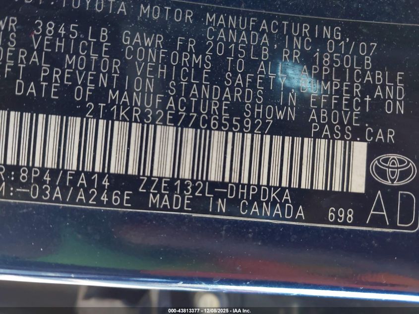 2007 Toyota Matrix VIN: 2T1KR32E77C655927 Lot: 43813377