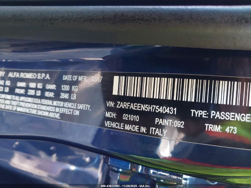 2017 Alfa Romeo Giulia Ti Awd VIN: ZARFAEEN5H7540431 Lot: 43813392