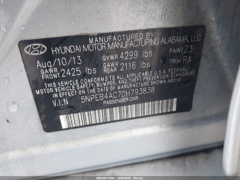 2013 Hyundai Sonata Gls VIN: 5NPEB4AC7DH793838 Lot: 43813399