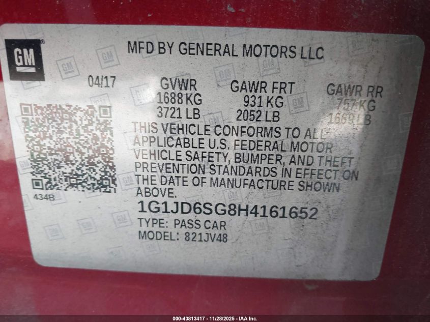 2017 Chevrolet Sonic Lt Auto VIN: 1G1JD6SG8H4161652 Lot: 43813417