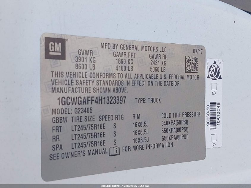 2017 Chevrolet Express 2500 Work Van VIN: 1GCWGAFF4H1323397 Lot: 43813420