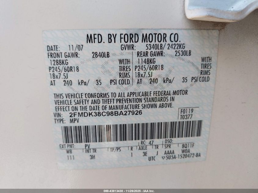 2008 Ford Edge Sel VIN: 2FMDK38C98BA27926 Lot: 43813438