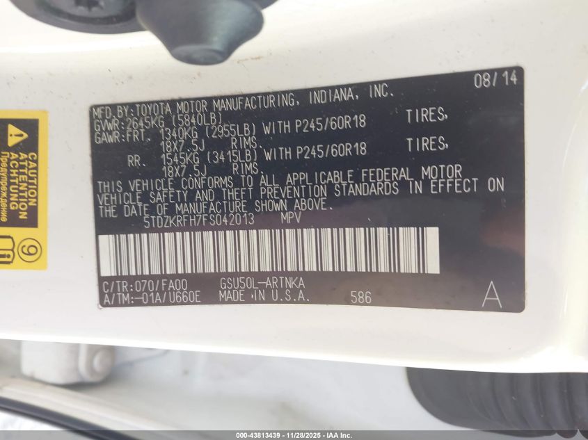 2015 Toyota Highlander Le Plus V6 VIN: 5TDZKRFH7FS042013 Lot: 43813439