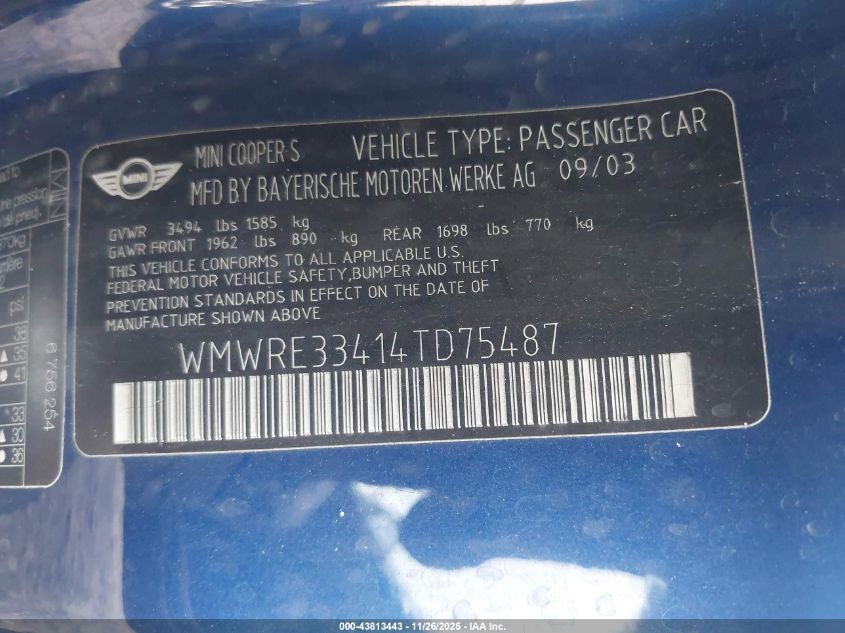 2004 Mini Cooper S VIN: WMWRE33414TD75487 Lot: 43813443
