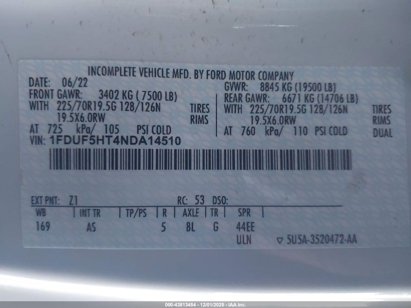 2022 Ford F-550 Chassis Xl VIN: 1FDUF5HT4NDA14510 Lot: 43813454