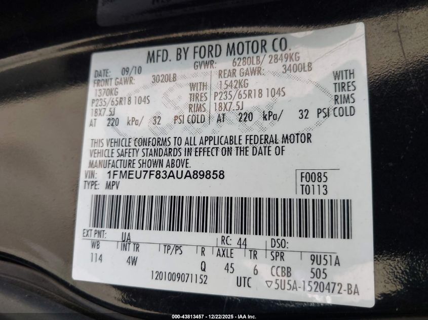 2010 Ford Explorer Limited VIN: 1FMEU7F83AUA89858 Lot: 43813457