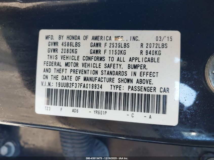 2015 Acura Tlx V6 VIN: 19UUB2F37FA019934 Lot: 43813479