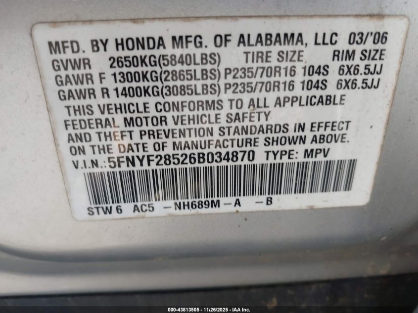 2006 Honda Pilot Ex-L VIN: 5FNYF28526B034870 Lot: 43813505