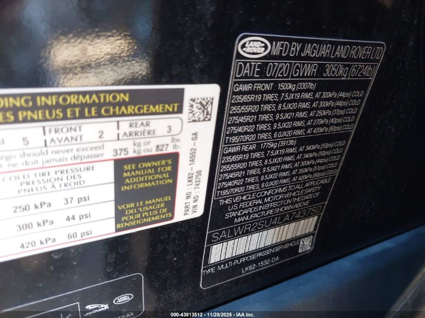 2020 Land Rover Range Rover Sport Hse Mhev VIN: SALWR2SU4LA743750 Lot: 43813512