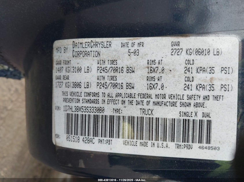 2003 Dodge Dakota Sport/Sxt VIN: 1D7HL38X53S333080 Lot: 43813516