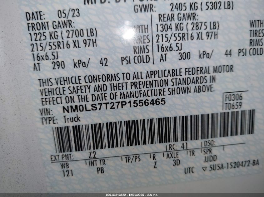 2023 Ford Transit Connect Xlt VIN: NM0LS7T27P1556465 Lot: 43813522