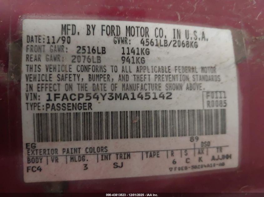 1991 Ford Taurus Sho VIN: 1FACP54Y3MA145142 Lot: 43813523