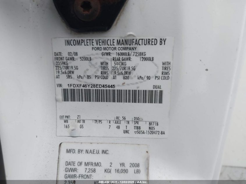 2008 Ford F-450 Chassis Xl/Xlt VIN: 1FDXF46Y28ED45445 Lot: 43813531