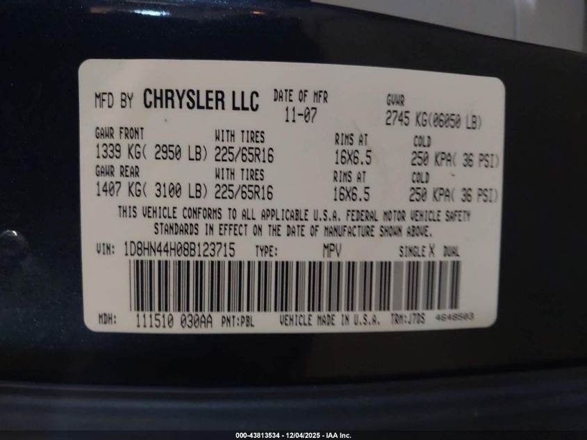 2008 Dodge Grand Caravan Se VIN: 1D8HN44H08B123715 Lot: 43813534
