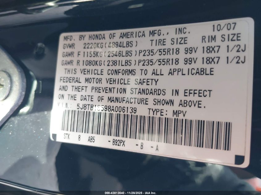 2008 Acura Rdx VIN: 5J8TB18598A006139 Lot: 43813540
