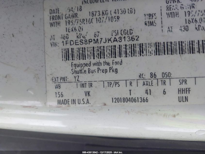 2018 Ford Transit-350 Cutaway VIN: 1FDES8PM7JKA81362 Lot: 43813542