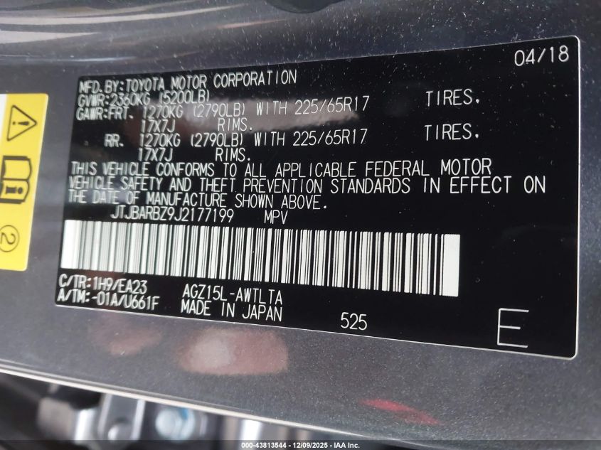 2018 Lexus Nx 300 VIN: JTJBARBZ9J2177199 Lot: 43813544