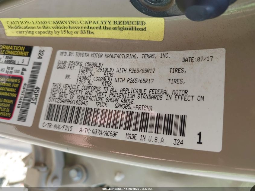 2017 Toyota Tacoma Trd Sport VIN: 5TFCZ5AN9HX103043 Lot: 43813564